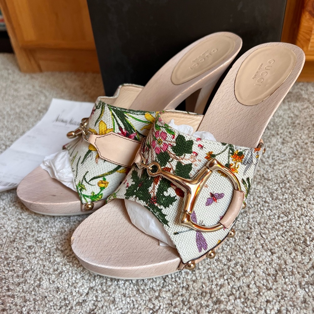 Gucci Floral Canvas Wooden Heels Women’s Size 8 Cream Floral Print Pattern - Picture 10 of 15